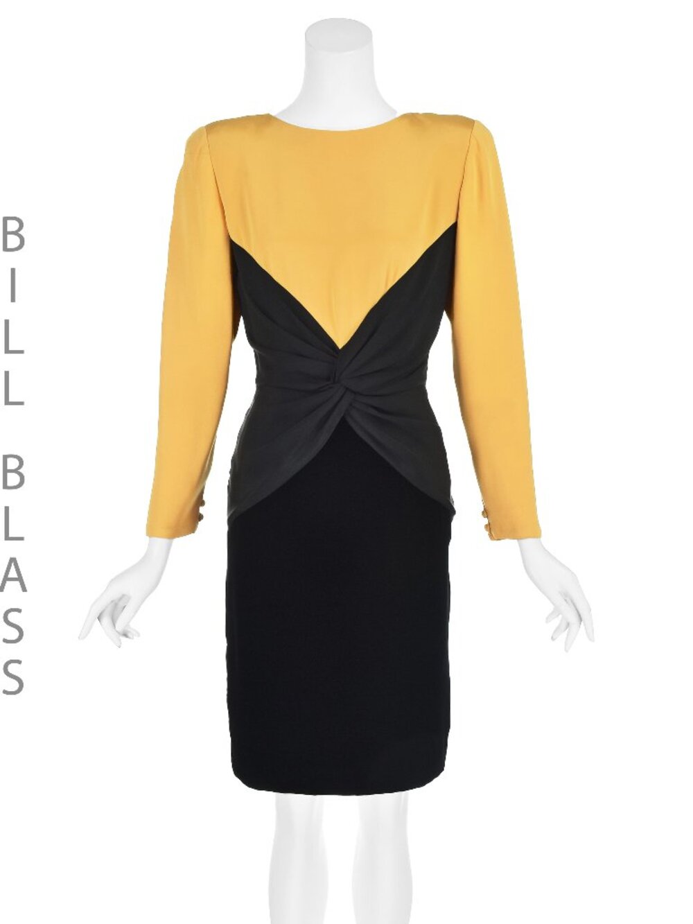 BILL BLASS Vintage 1980s Yellow & Black Silk Faille and Velvet Dress SZ 8